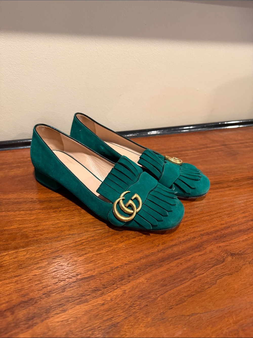 Gucci Green Suede Marmot Mid-Heel Fringe Loafers with Gold Accent - 36.5